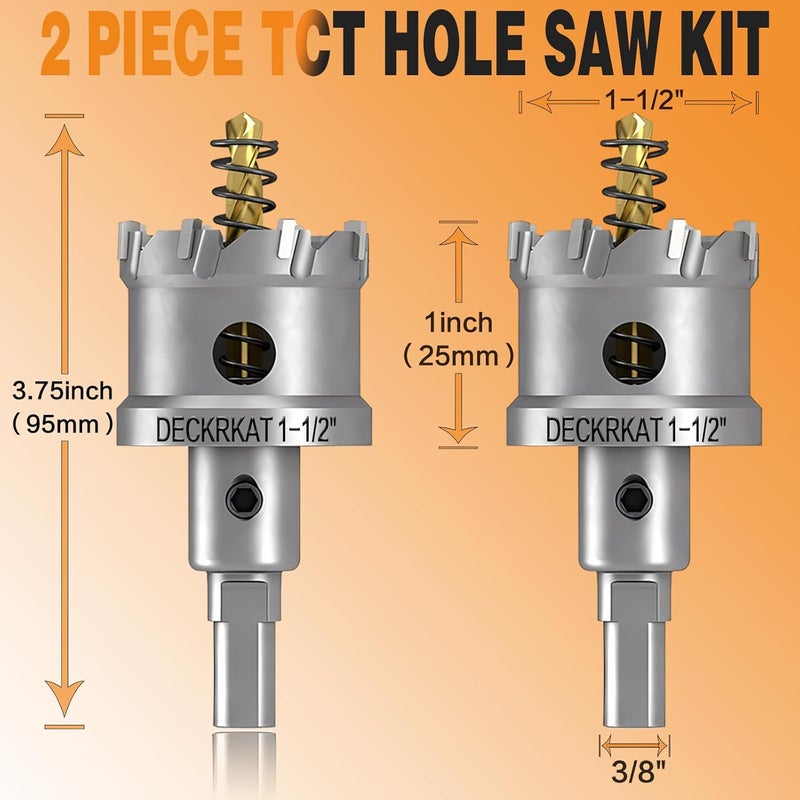DECKRKAT 2-Pack 1-1/2" TCT Hole Saws for Hard Metal, Heavy Duty 38mm Tungsten Carbide Tipped Hole Cutters Set with Spring-Loaded Pilot Drill Bits for Stainless Steel, Metal, Iron, and Plastic - Image 2